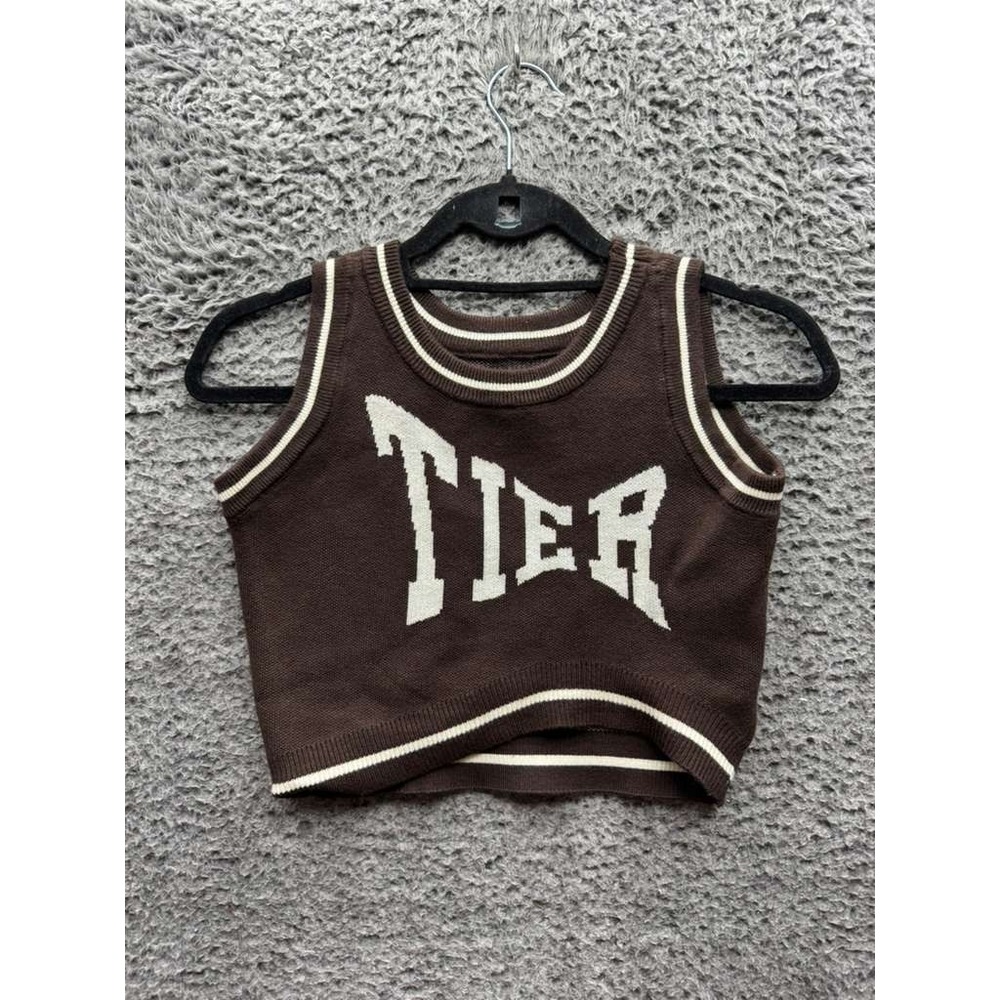 Tier University‎ Logo Knitted Cropped Pullover Tank Top Brown Womens Size S